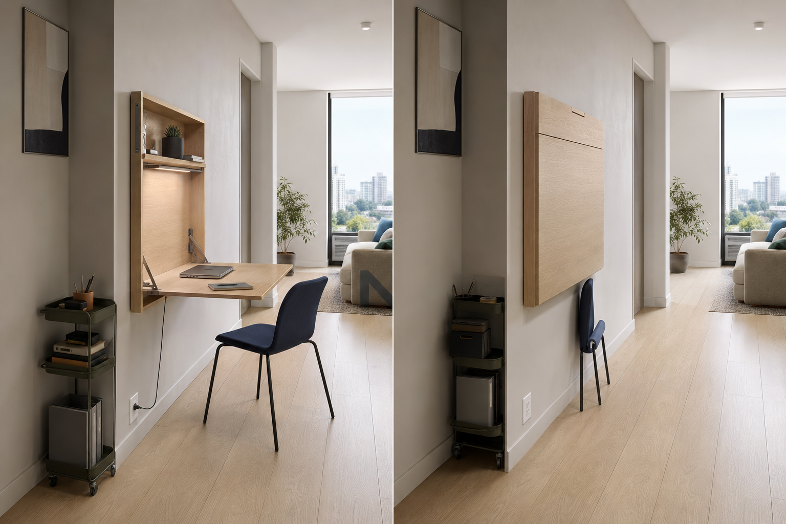 Room 7.8: Small Home Office Solutions - Ravnora Decor Side-by-side hallway office showing a wall desk open for work and folded closed to restore the walkway.