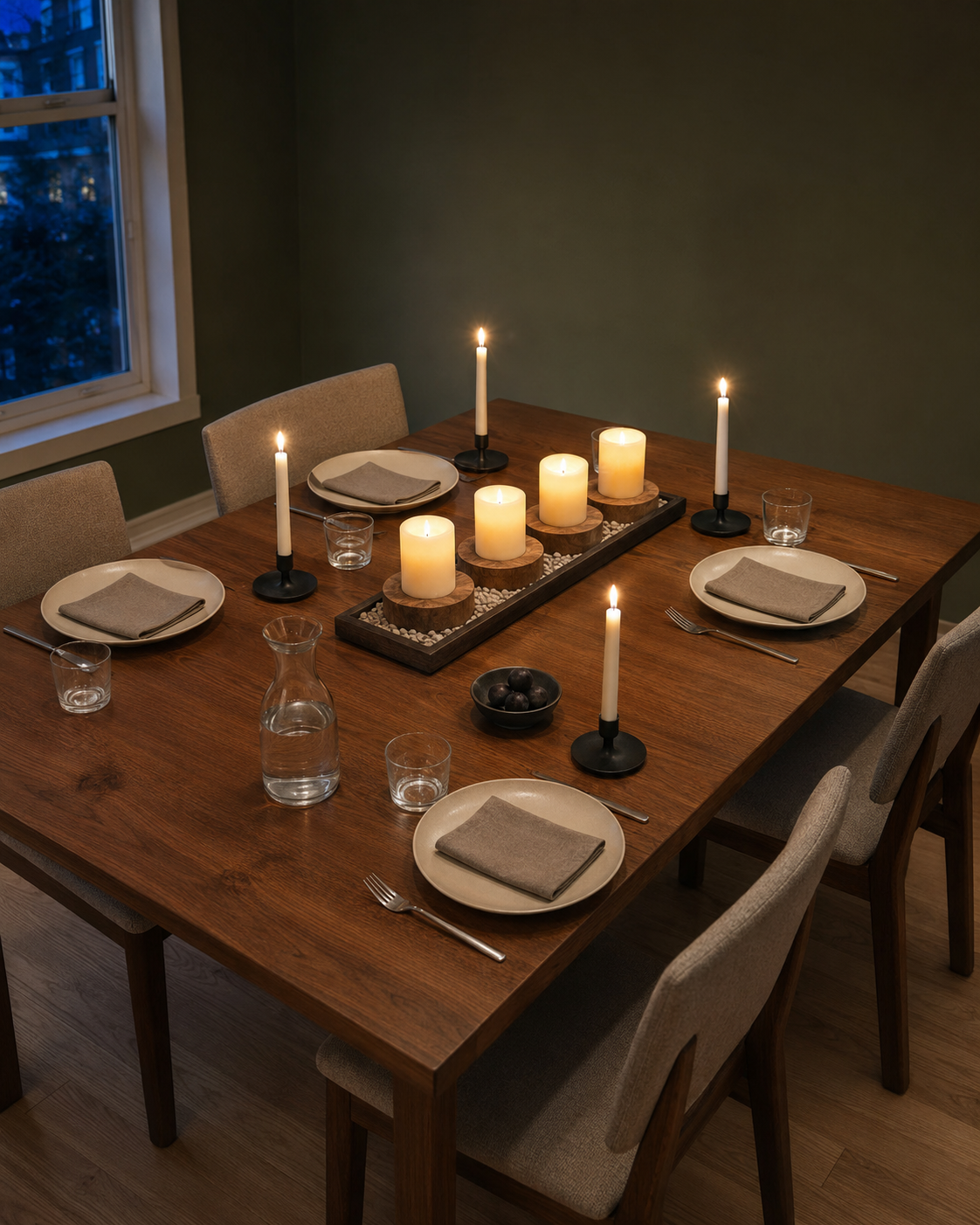 Four-person walnut dining table with a wooden candle tray and low matte black taper candle holders at blue hour