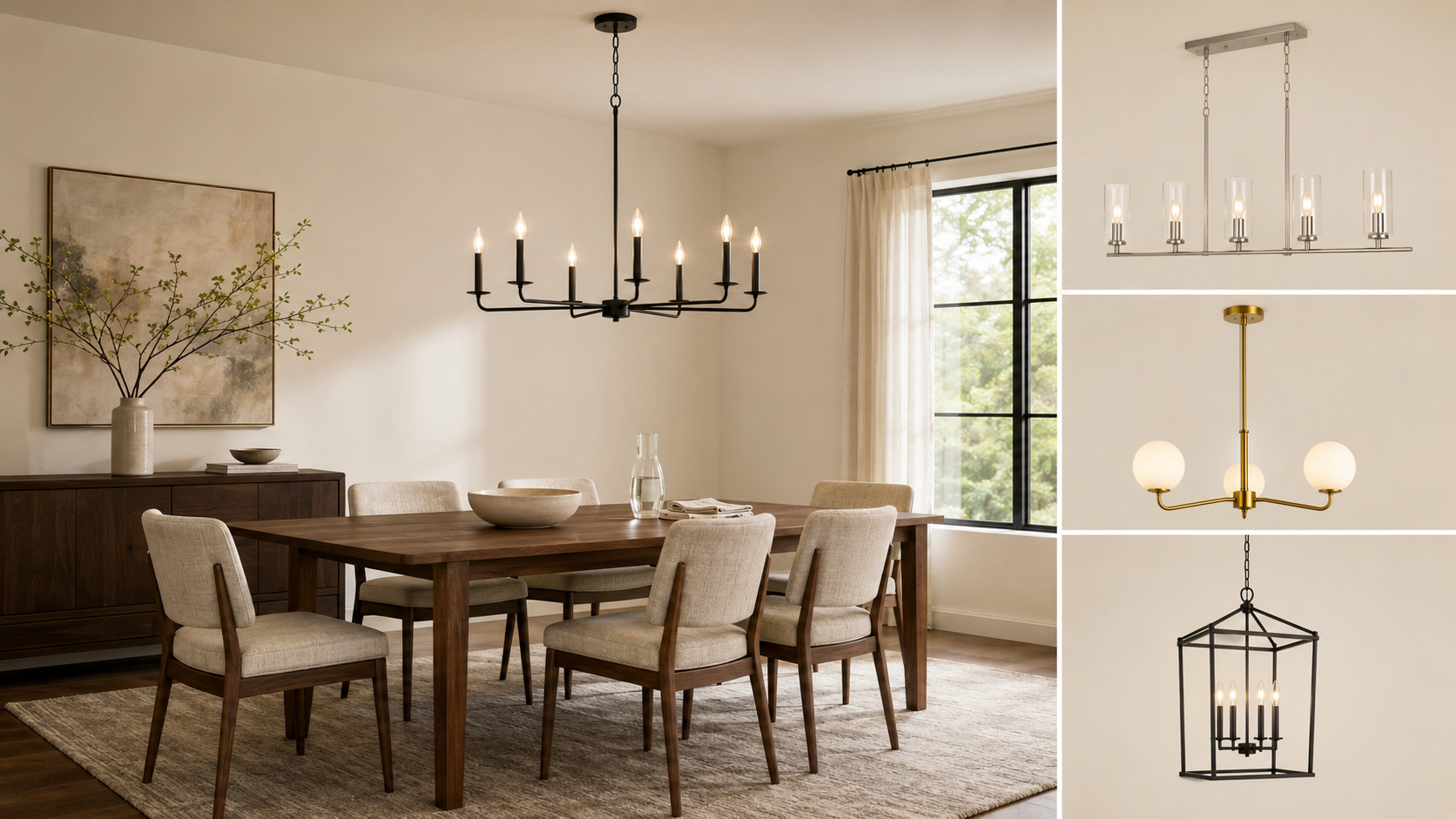Dining room lighting product board with a black chandelier, brushed nickel linear fixture, brass globe light and black lantern pendant