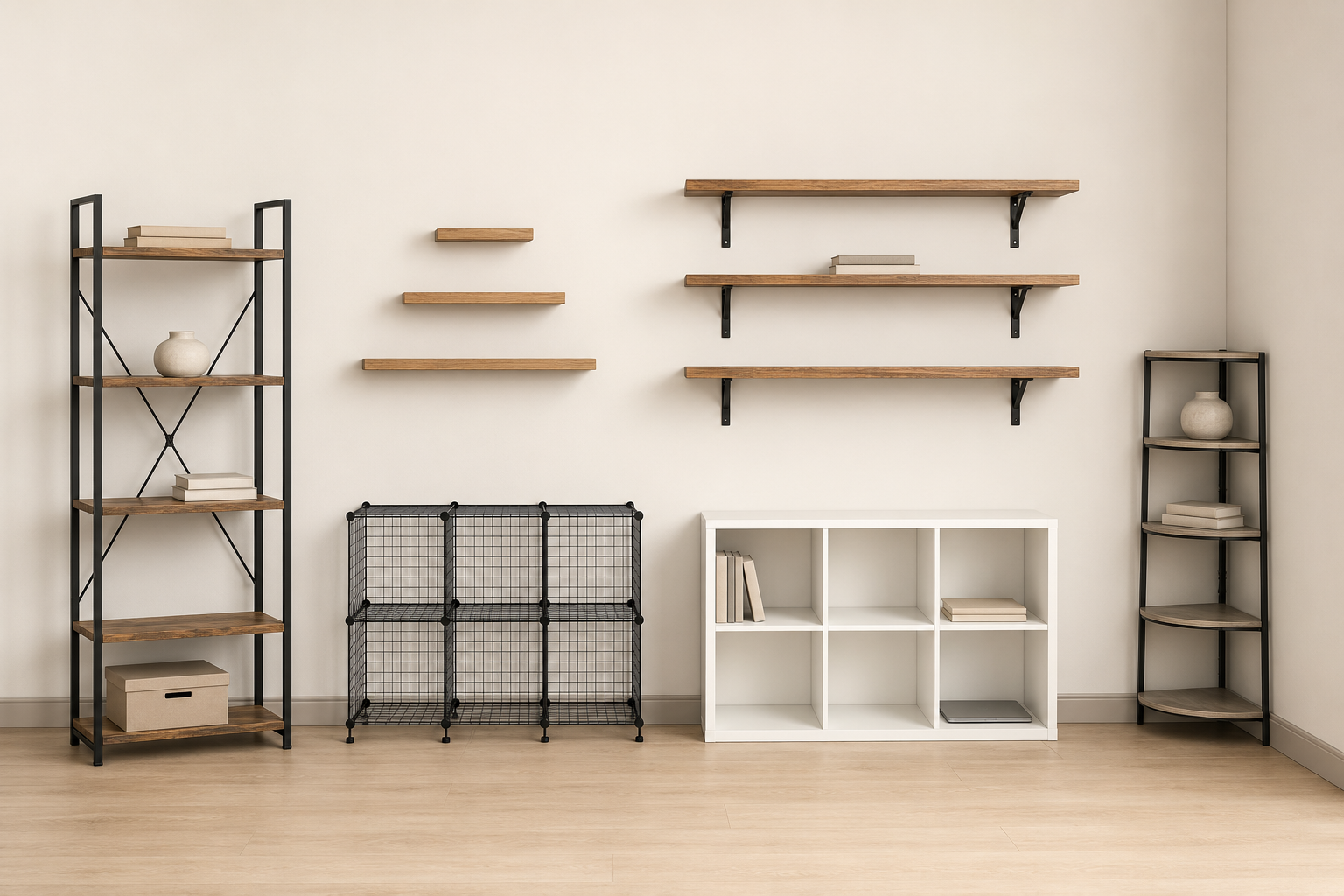 Six shelving systems compared on an ivory wall, including freestanding, floating, modular, cube and corner shelves