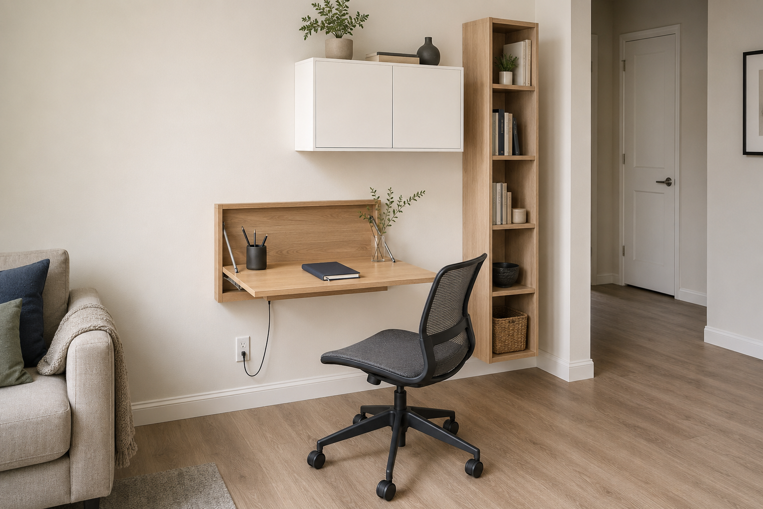 Small home office solutions with a wall-mounted oak desk, mesh chair, floating cabinet and narrow bookshelf beside an open walkway.