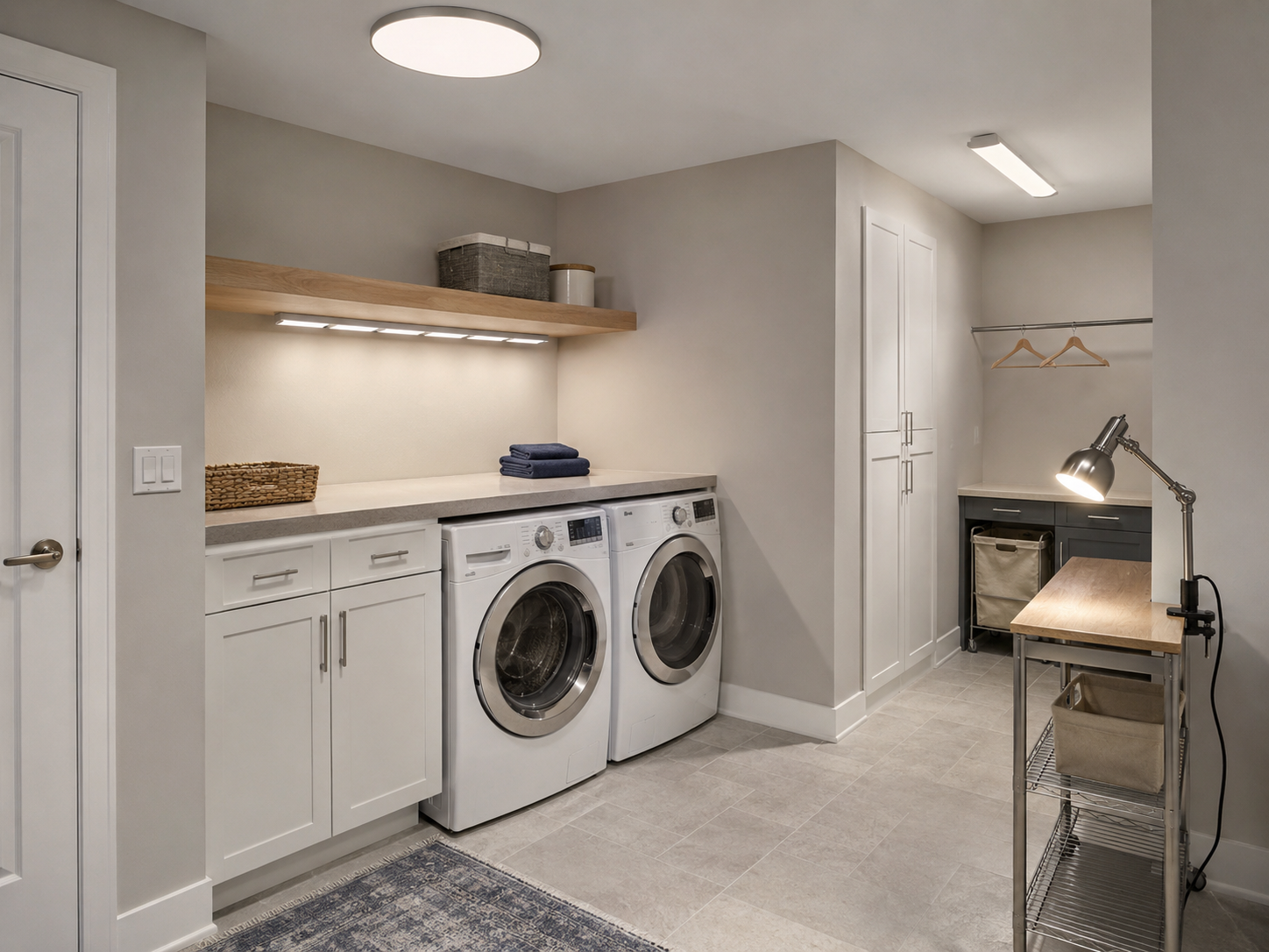 Organised laundry room with ceiling, under-shelf and adjustable task lighting around the work surface.