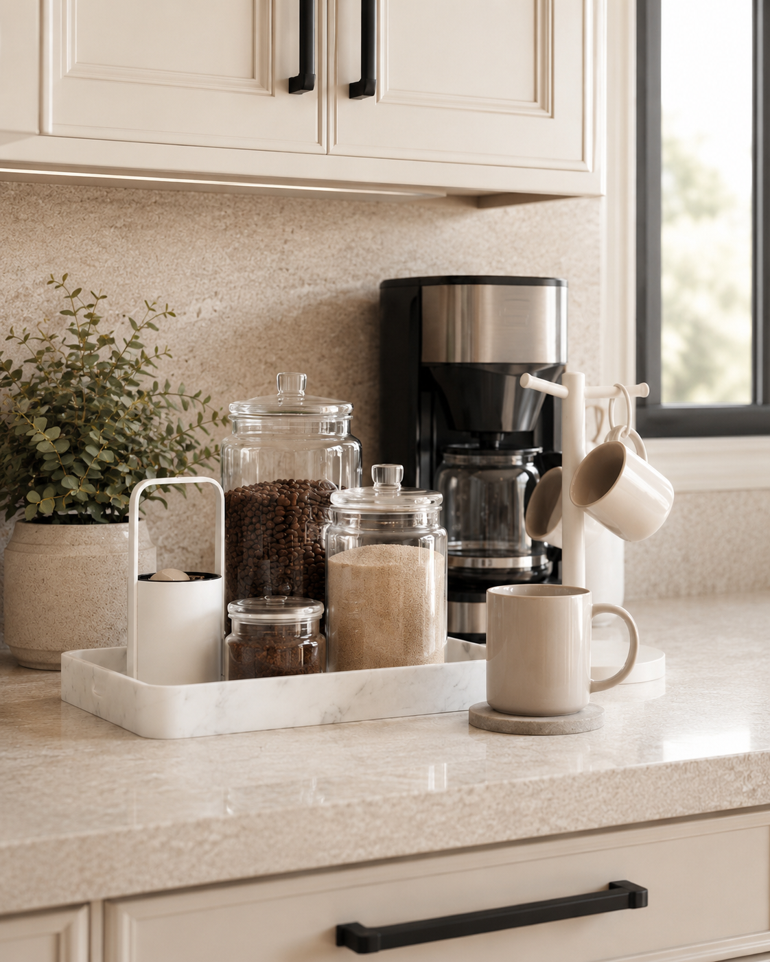Neutral coffee corner organization with tray, glass jars, compact counter organizer, mug stand, and clean kitchen styling.