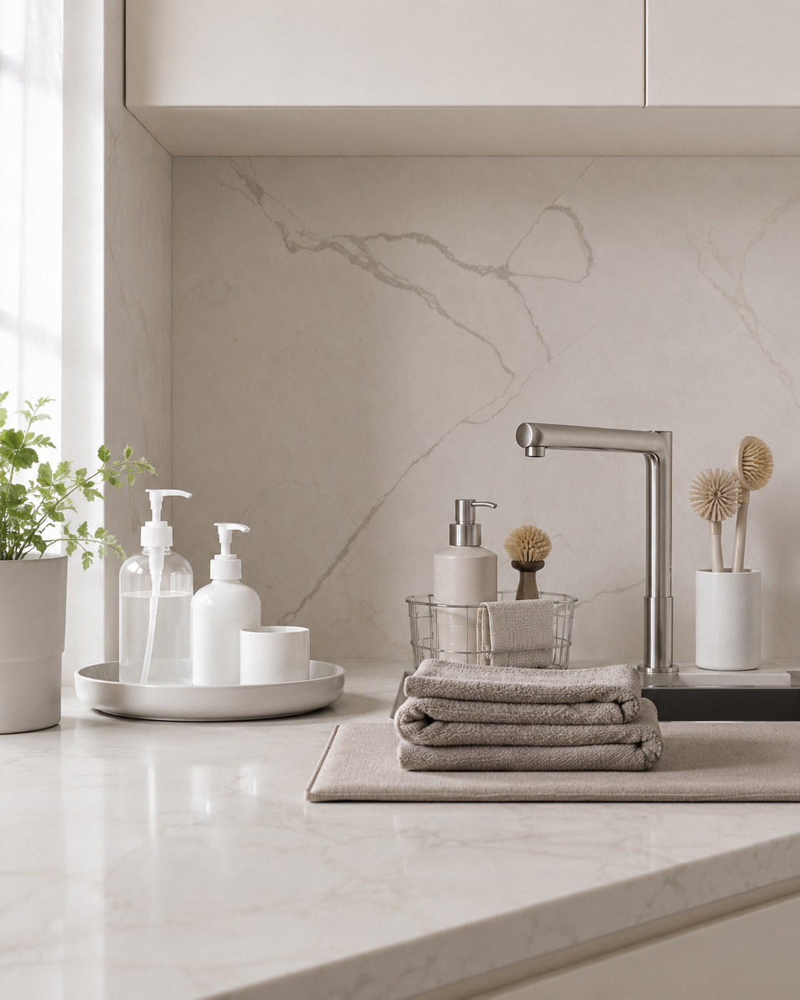 Clean kitchen sink counter with white soap dispensers, ceramic tray, sink caddy, towels, drying mat, and dish brush holder