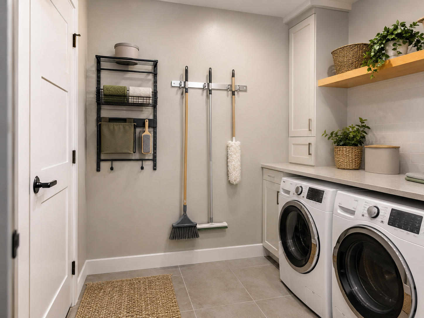 Black laundry utility rack and silver wall rail holding a broom, flat mop and duster beside front-loading appliances.