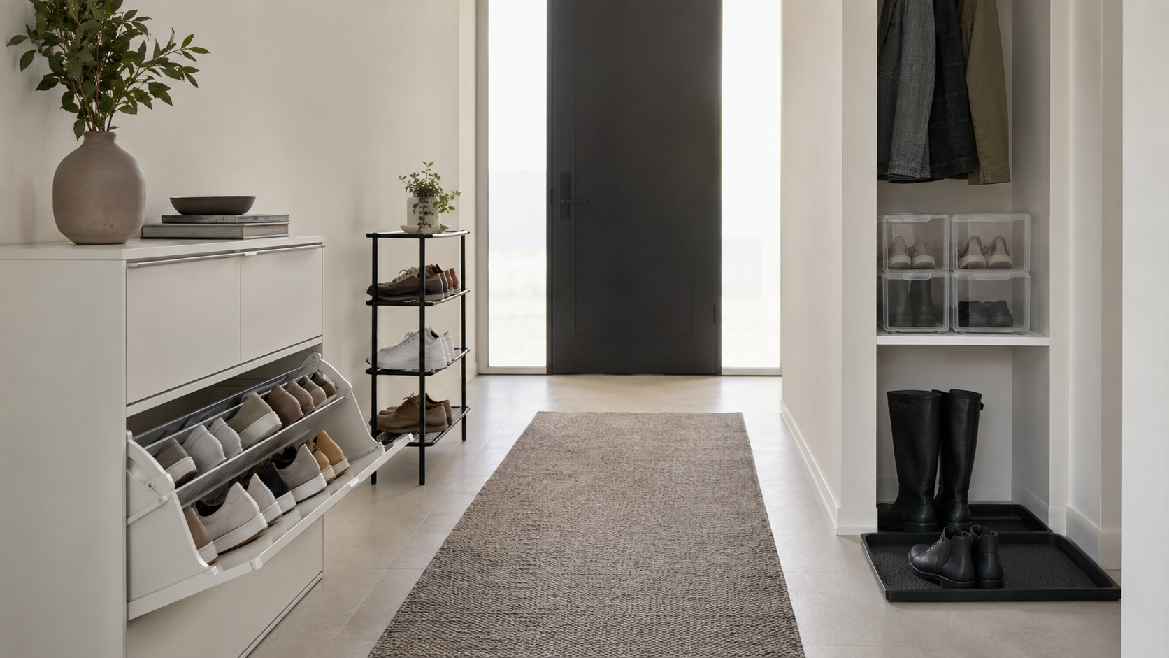 Clear floor entryway shoe organization system with cabinet, shoe rack, boot tray and vertical storage