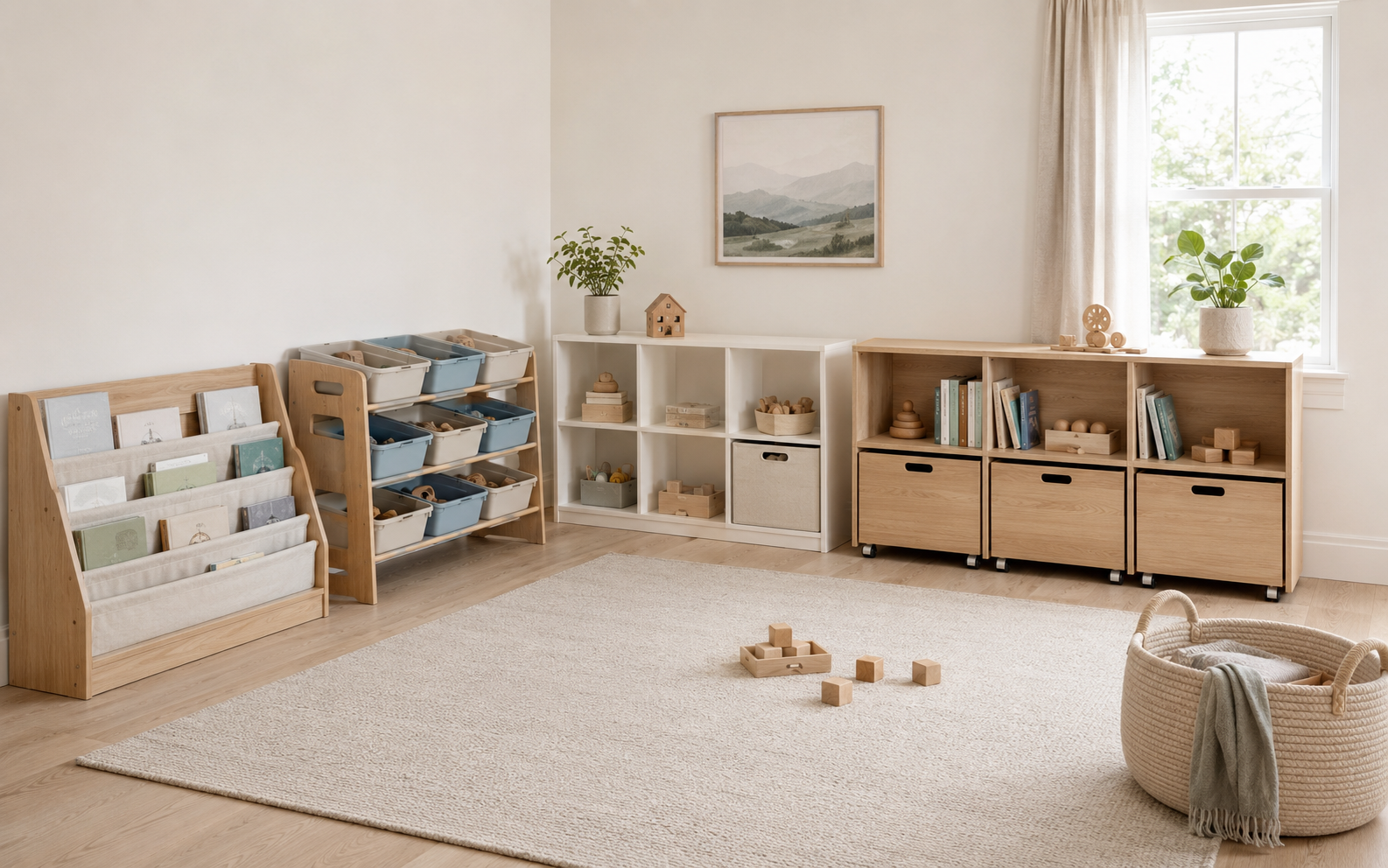Organized kids room storage wall with a book rack, removable toy bins, cube shelves, rolling drawers and a large rope basket.