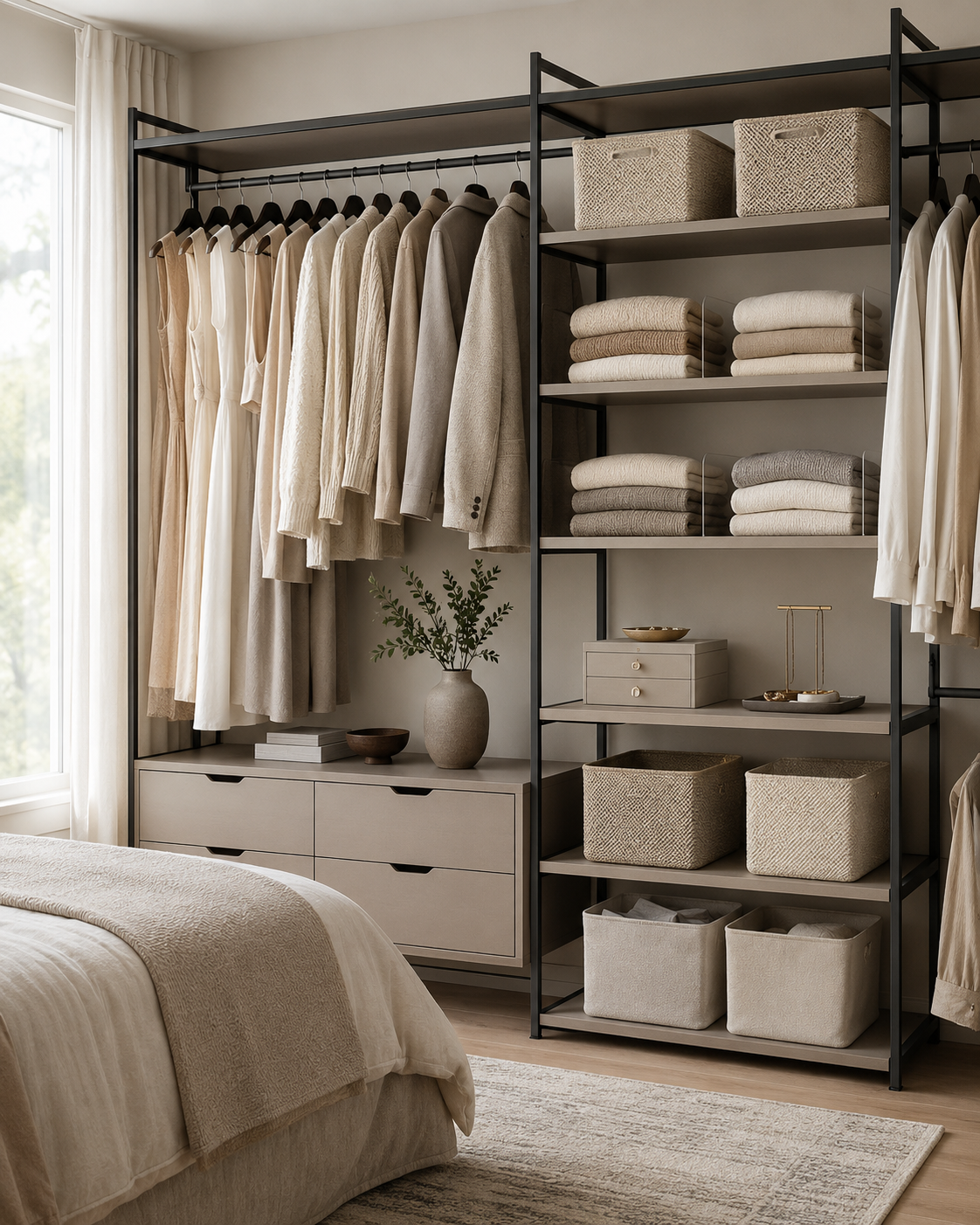 Neutral bedroom closet with wardrobe rack, folded clothes, baskets, shelf dividers, drawers, and storage bins