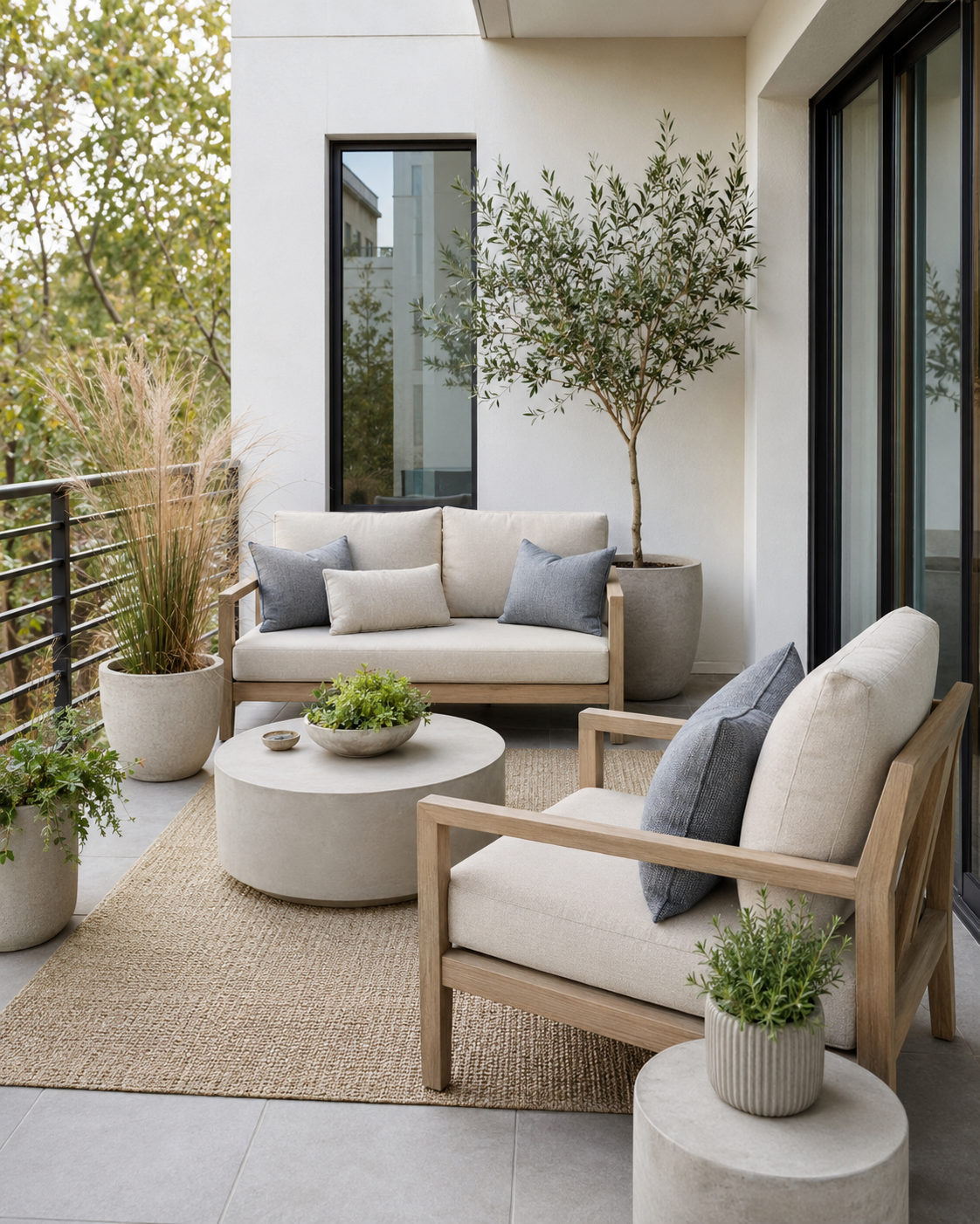Coastal-inspired patio with oatmeal seating, smoky blue cushions, pale wood and woven outdoor rug