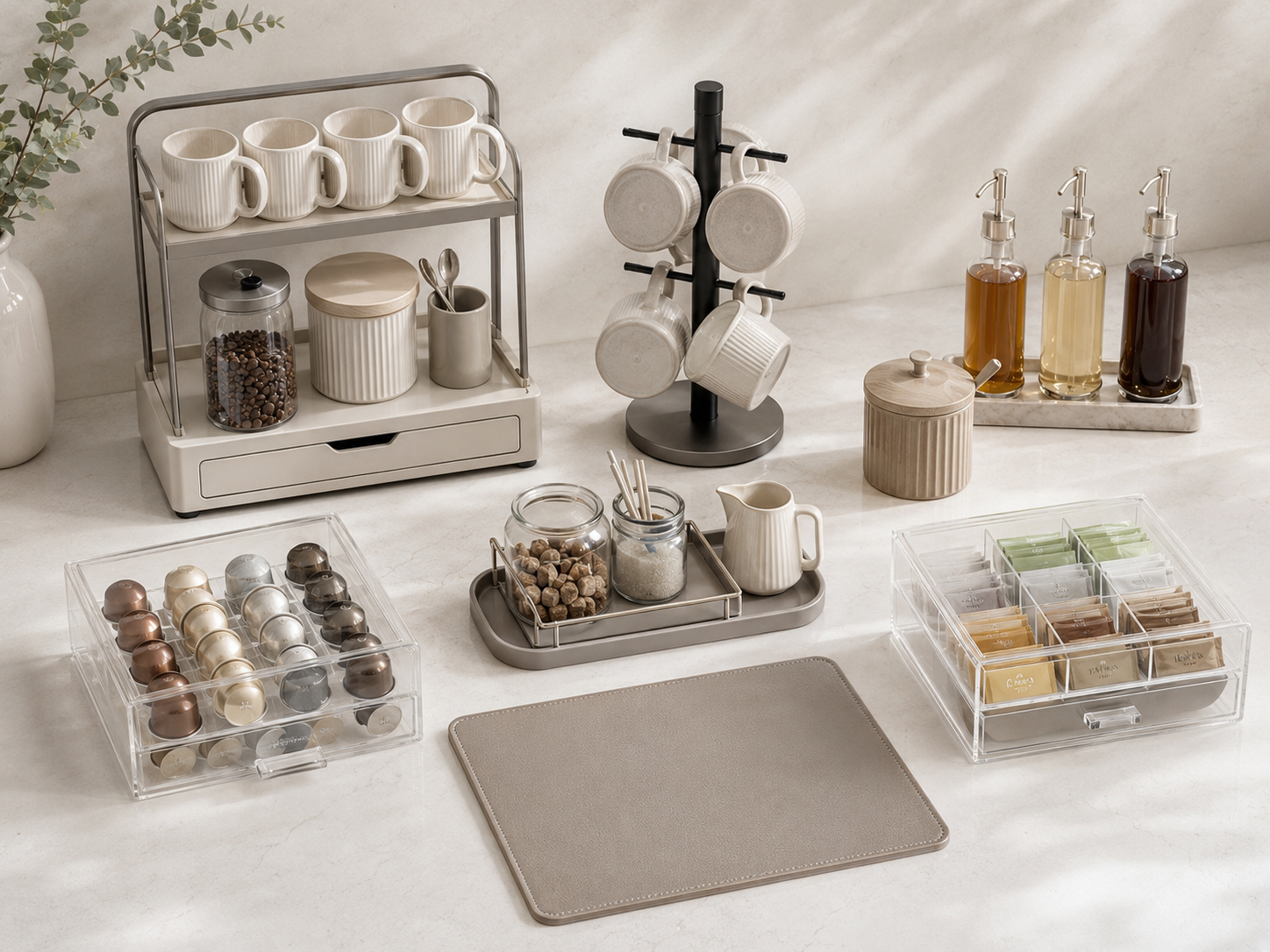 Coffee bar moodboard with pod holder, mug rack, syrup bottles, canisters, tray, tea organizer, and coffee station accessories