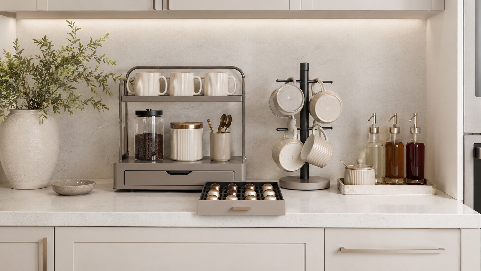 Coffee bar beverage station with organizer shelf, pod drawer, mug rack, syrup bottles, and canisters on a clean kitchen counter