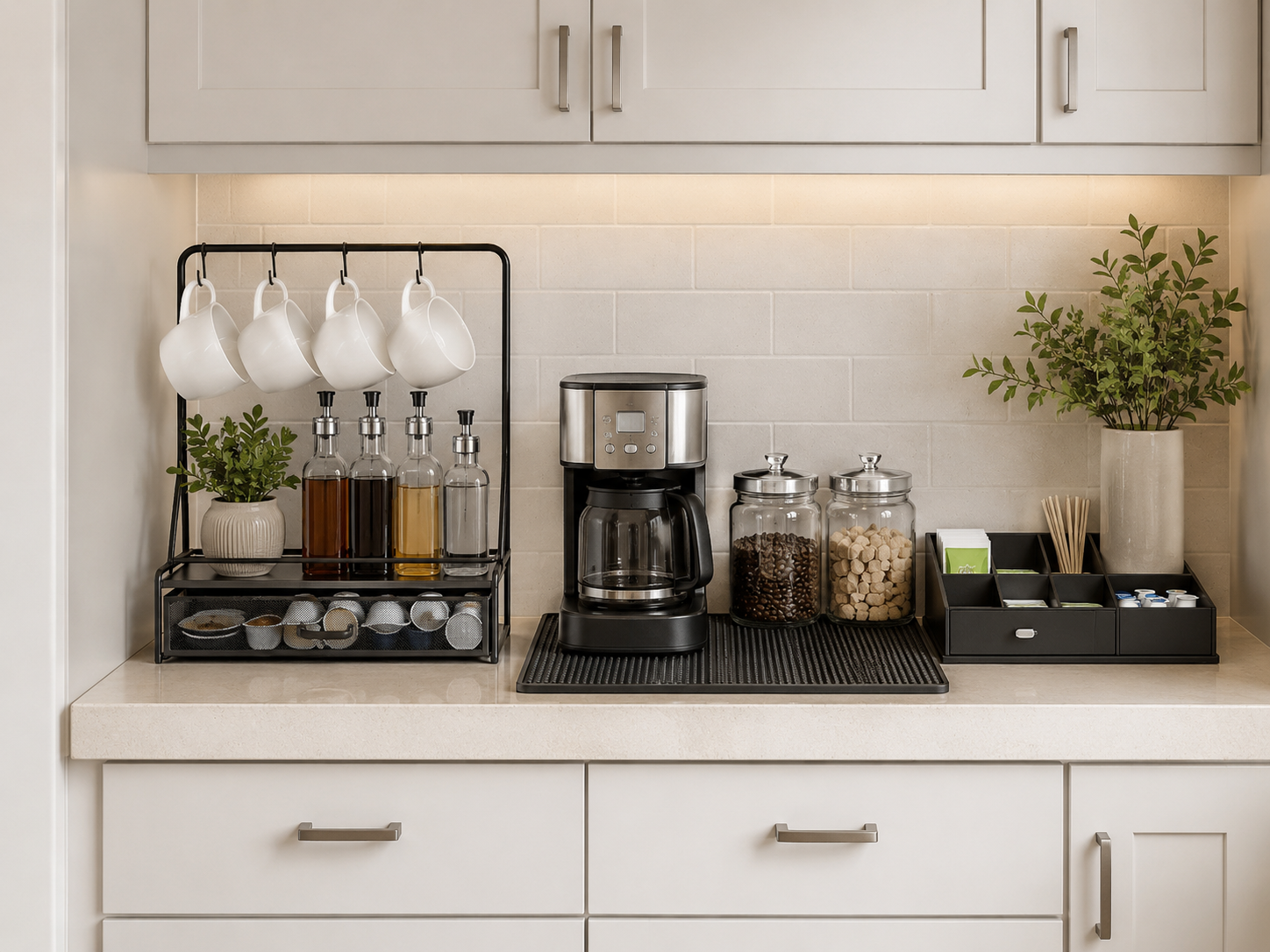 Organized coffee corner with pod storage, mug rack, syrup bottles, canister, tea organizer, and coffee mat
