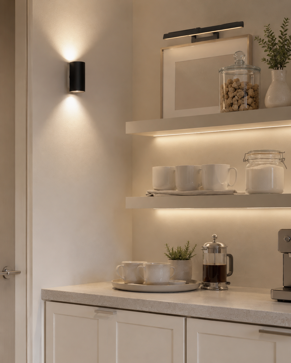 Coffee nook kitchen lighting with wall sconce, shelf light, neutral mugs, clear jars, and soft accent glow