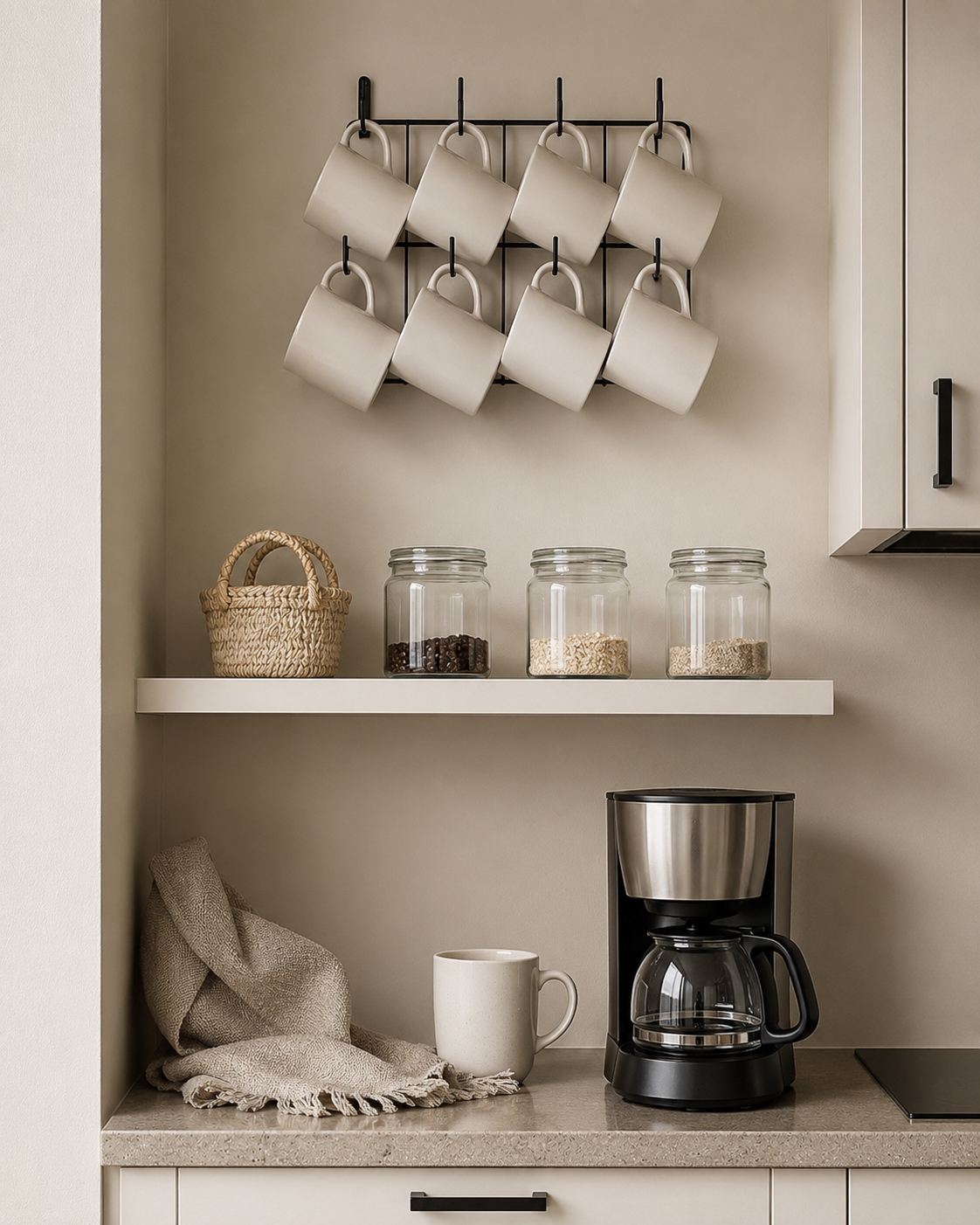 Compact coffee wall nook with mug rack, floating shelf, wall basket, jars, and neutral kitchen styling