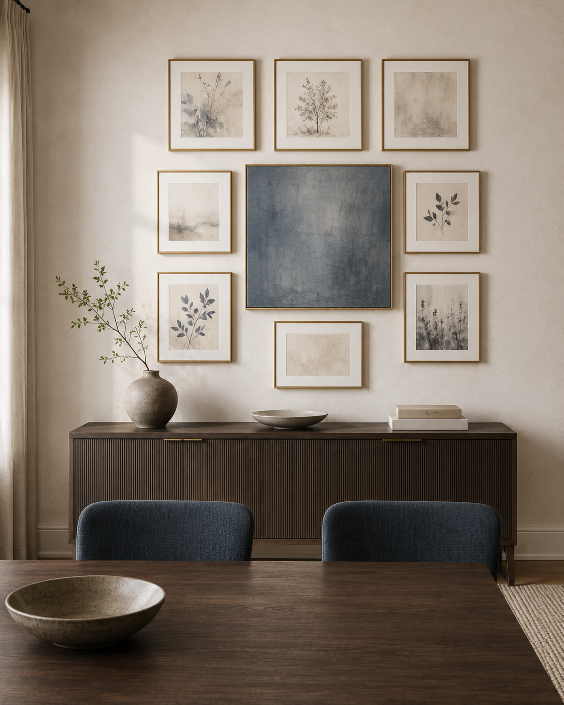 Collected gallery wall with a muted blue central artwork and coordinated gold frames above a dark wood sideboard.