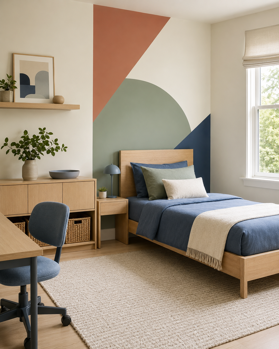 Modern kids room with a geometric sage, dusty clay and navy color-block feature wall