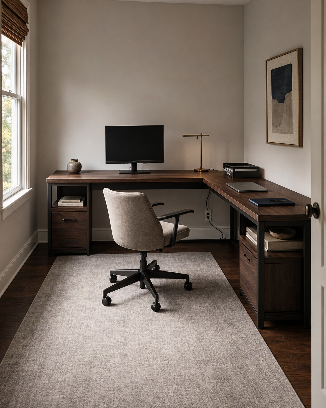 Walnut L-shaped desk with separate monitor and document zones, pulled-back chair and clear access from the doorway