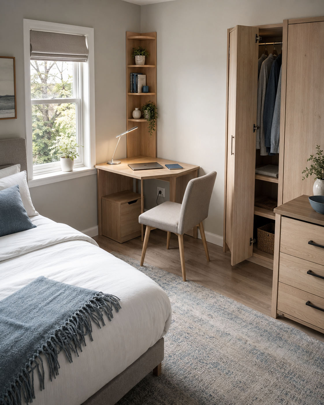 Room 7.8: Small Home Office Solutions - Ravnora Decor Small bedroom office with a corner desk, narrow vertical shelf, compact chair and task lamp beside a wardrobe.