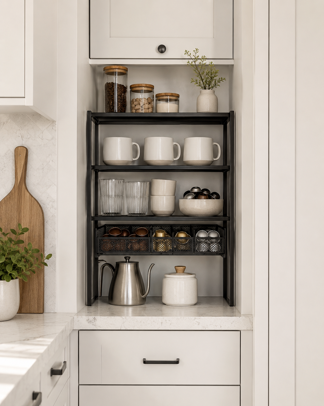 Small kitchen coffee station with compact organizer shelf, pod drawer, mugs, and neutral countertop styling