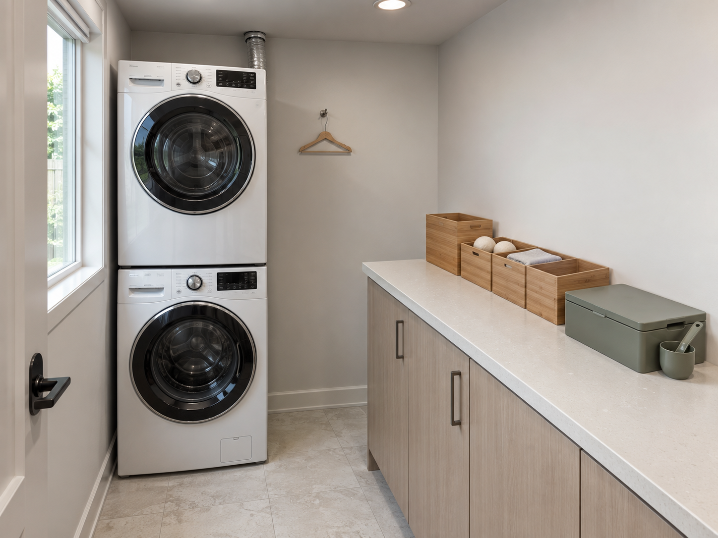 Narrow laundry room with stacked appliances, a clear counter, modular bamboo boxes and a low-profile lidded storage container.