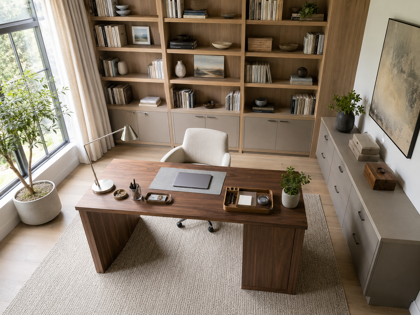 Compact modern home office with a slim desk, vertical shelves and clear circulation