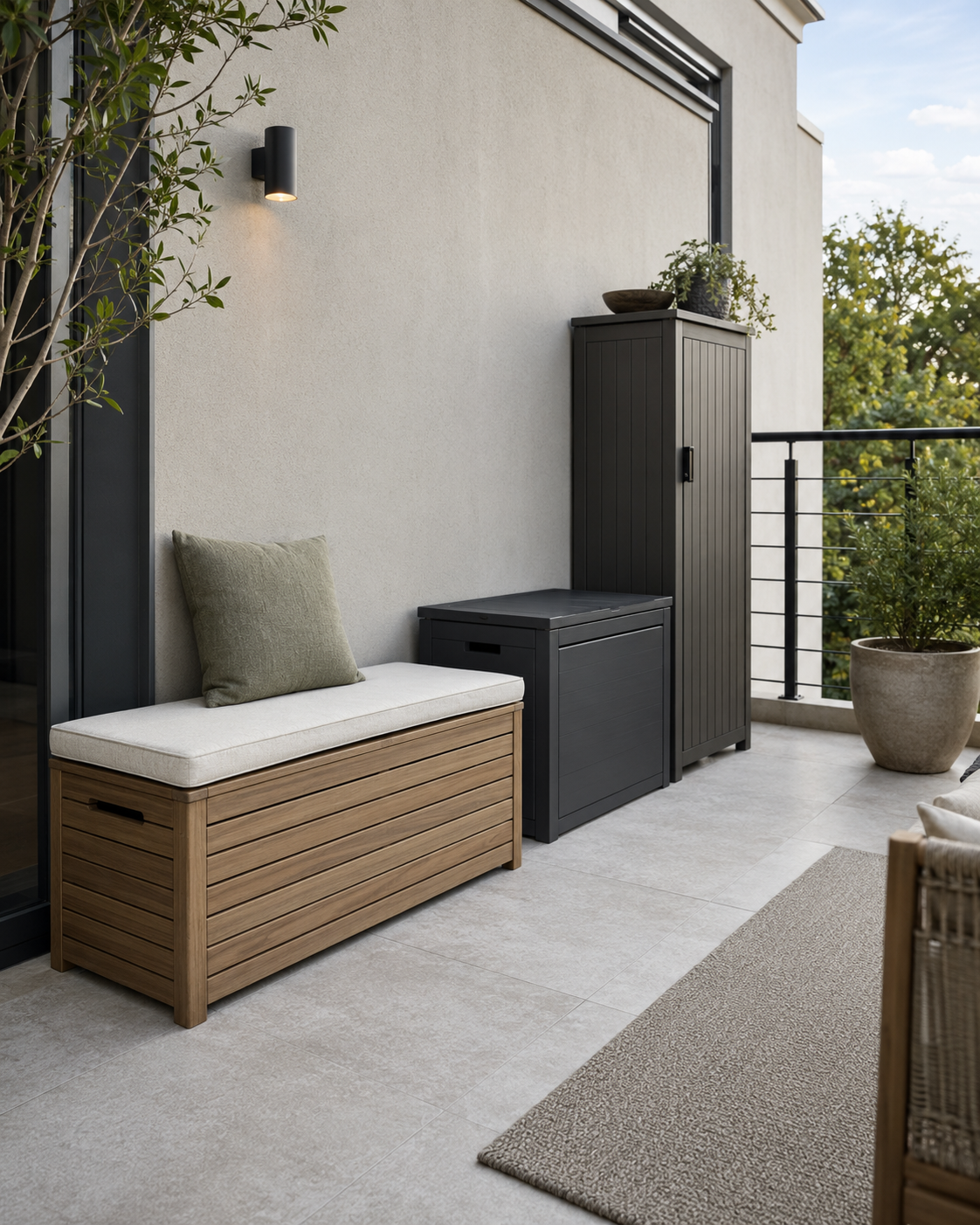 Outdoor storage with a cushioned teak bench, charcoal deck box and slim weatherproof cabinet