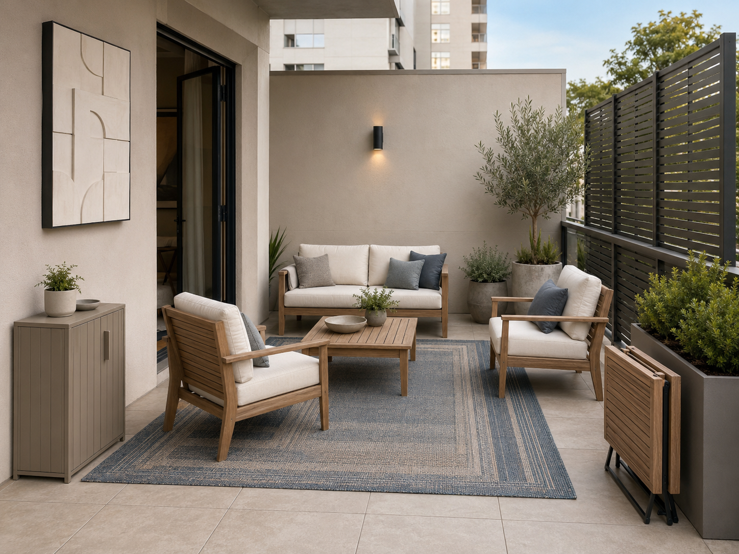Balcony and patio product map with furniture, rug, lighting, planters, wall decor, storage and privacy