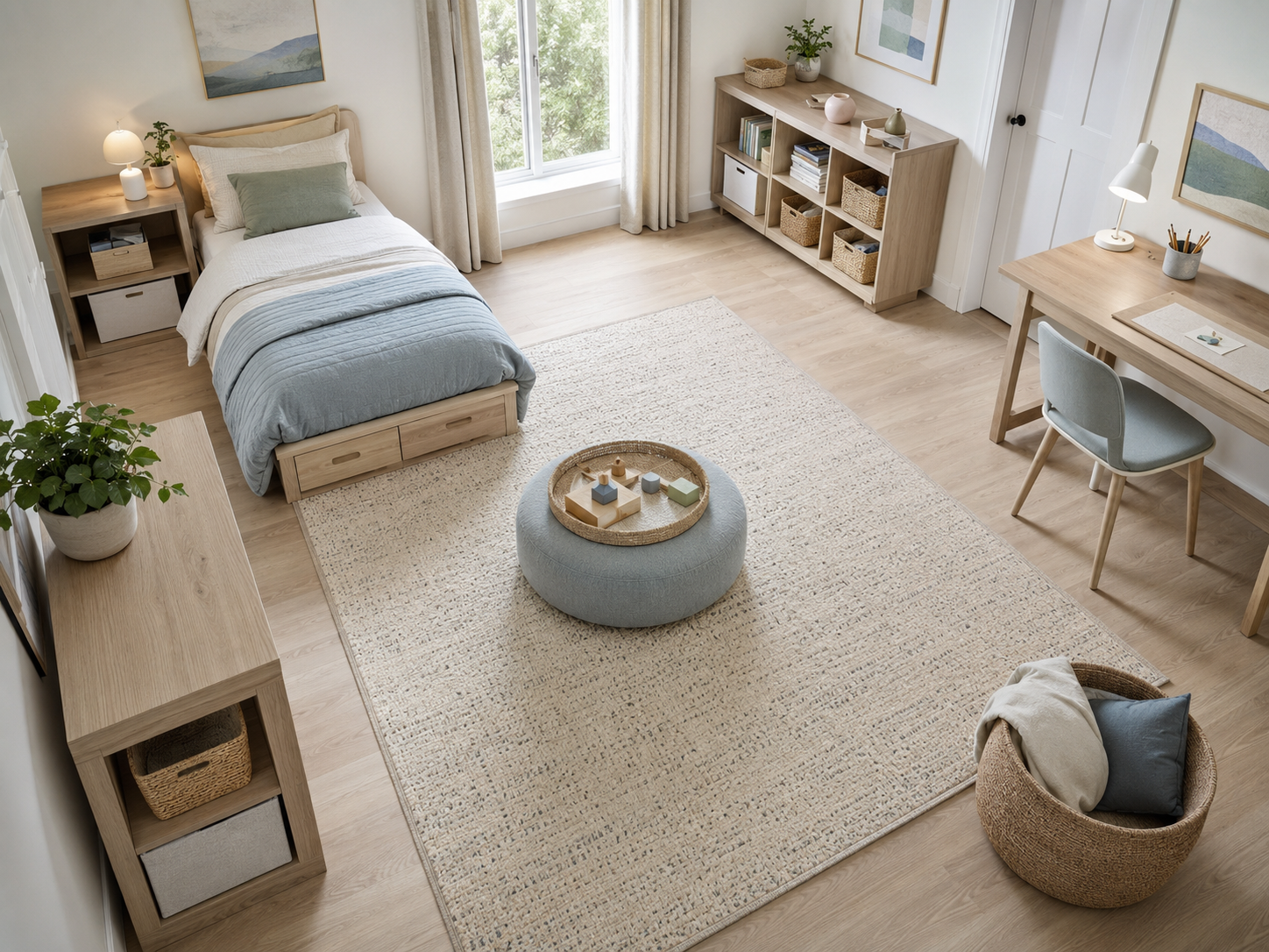 Complete kids room product map showing the bed, bedding, rug, lighting, storage and study area