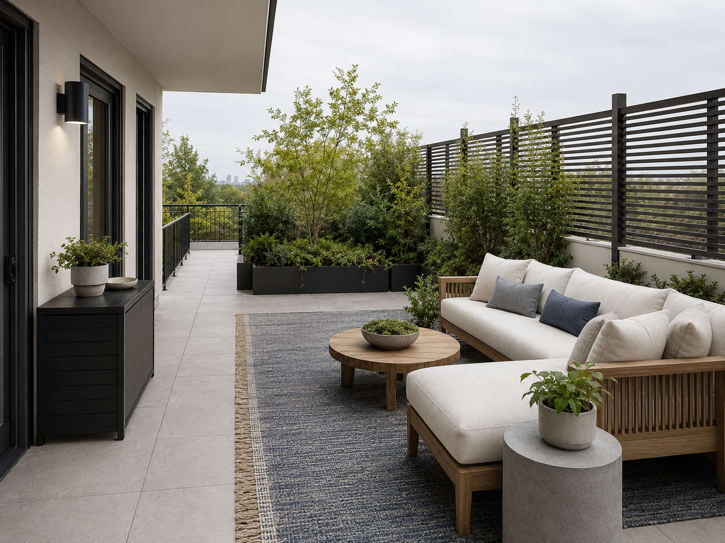 Open-air patio foundation with seating, storage, a privacy screen, planters and layered lighting
