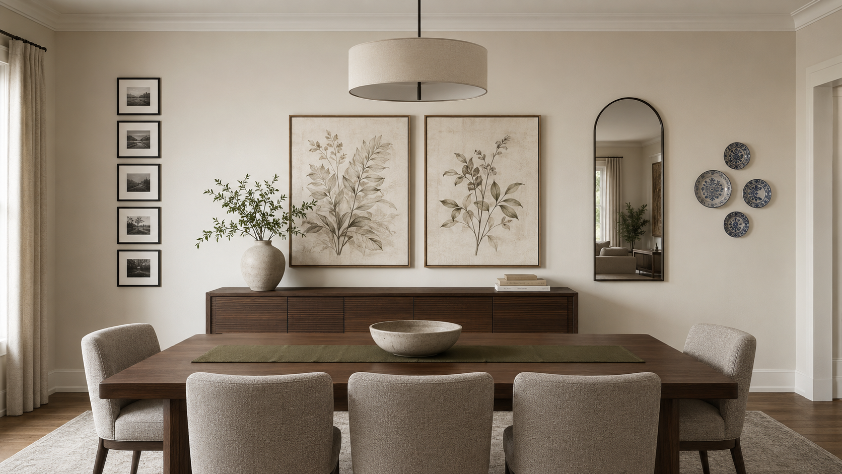 Dining room wall decor with botanical artwork, an arched mirror, gallery frames and decorative ceramic plates above a walnut sideboard.