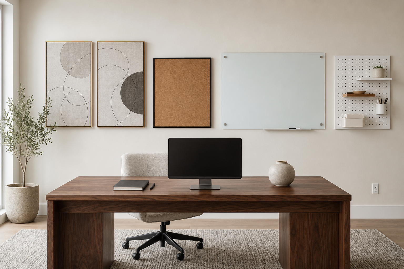 Home office wall decor arrangement with abstract art, cork board, glass whiteboard and white pegboard above a walnut desk.