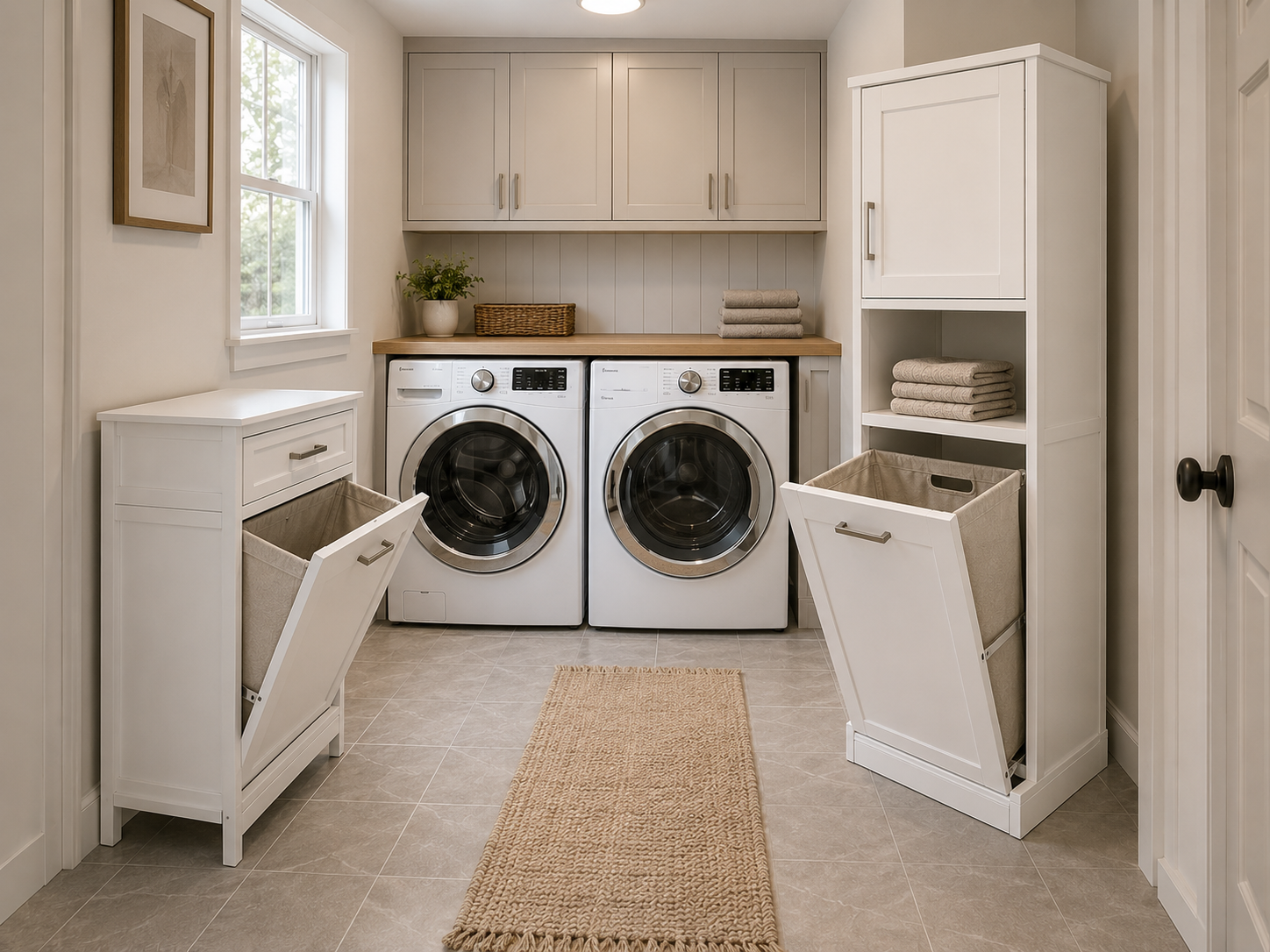 Bright laundry room with a low tilt-out hamper cabinet and a tall cabinet containing a concealed laundry basket.