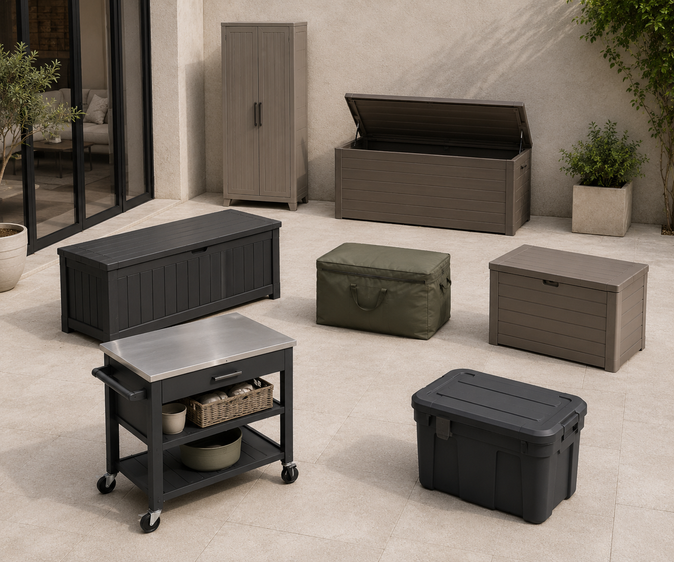 Outdoor storage moodboard with deck boxes, a tall cabinet, cushion bag, storage bench, rolling station and portable lidded bin.