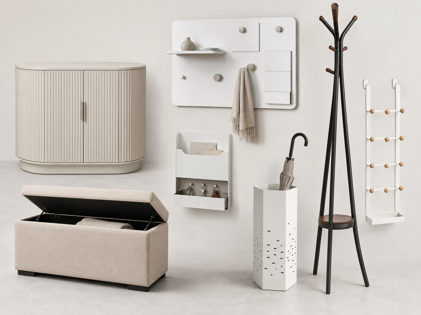 Entryway moodboard with fluted cabinet, upholstered bench, wall organizer, coat rack and umbrella stand