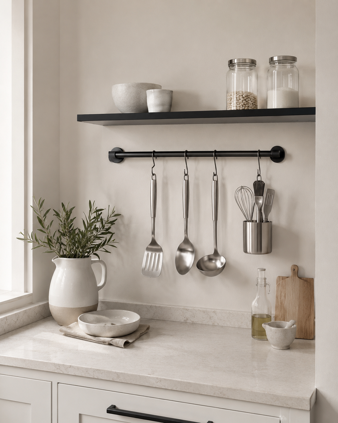 Kitchen cooking rail wall with black utensil rail, S-hooks, hanging tools, and compact wall shelf