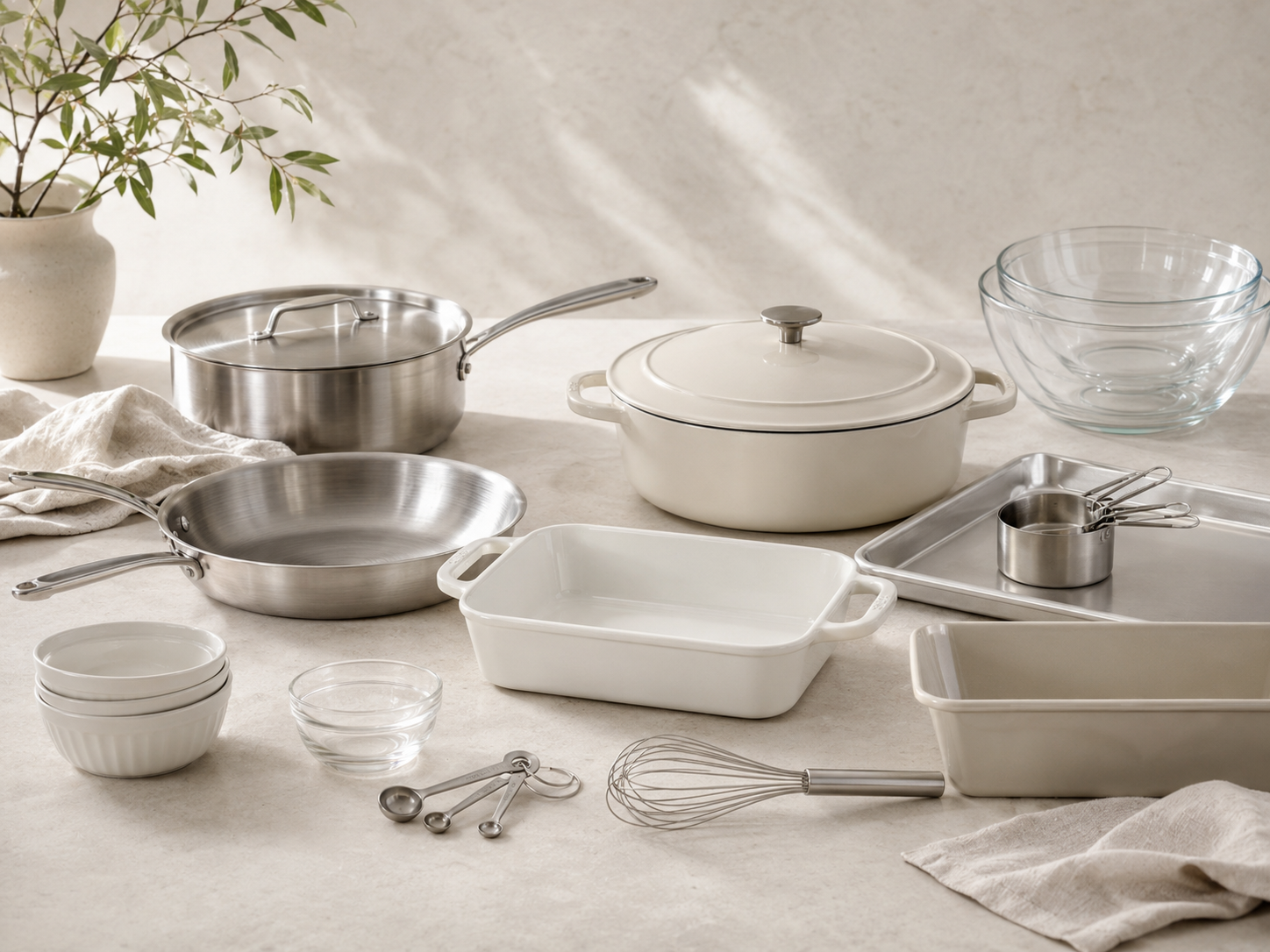 Cookware and bakeware essentials moodboard with stainless frying pan, cream braiser, white bakeware, sheet pan, glass bowls and measuring tools.