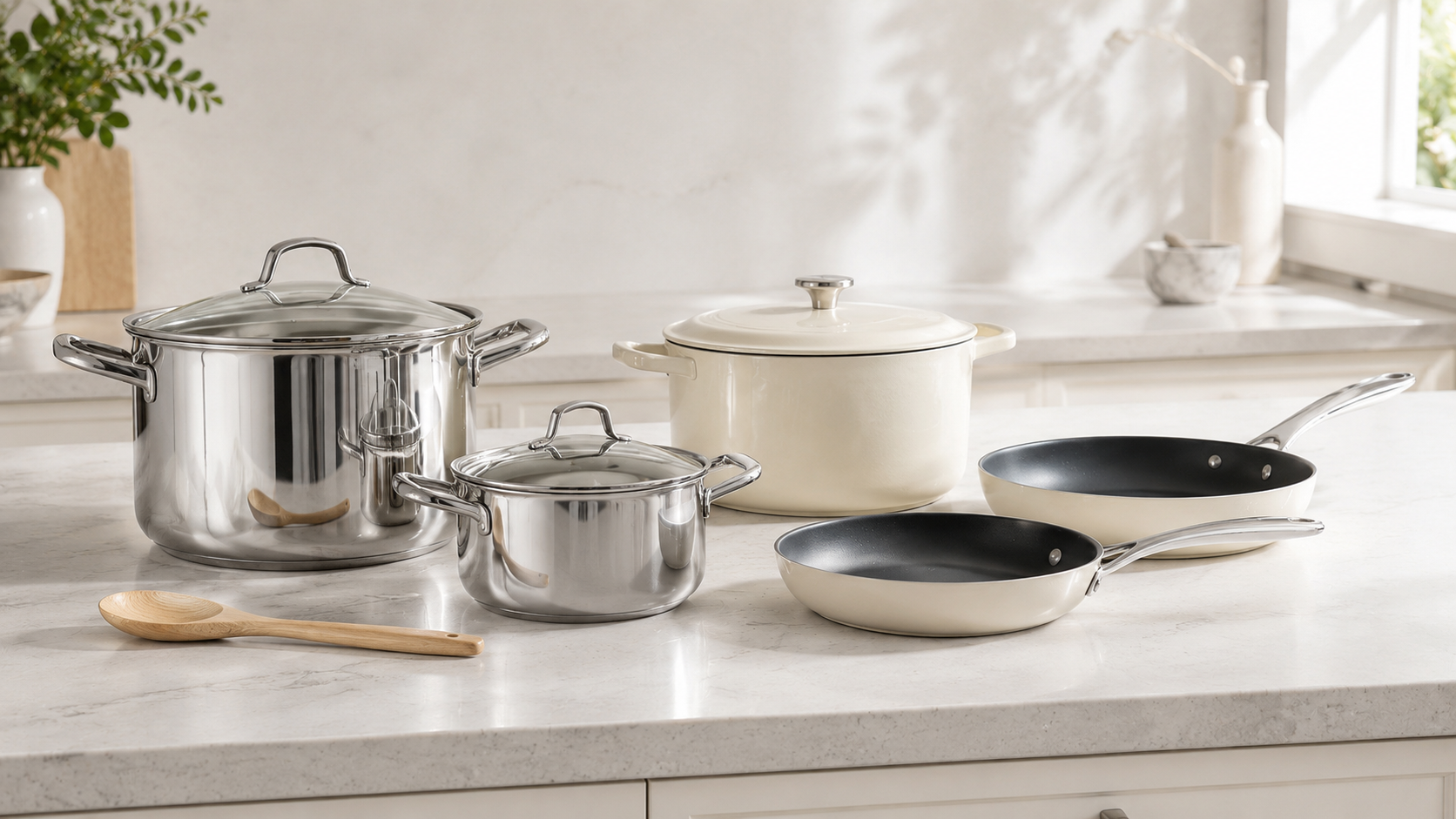 Premium cookware and bakeware essentials product board with stainless cookware, Dutch oven, saucepan, frying pan and neutral kitchen styling.