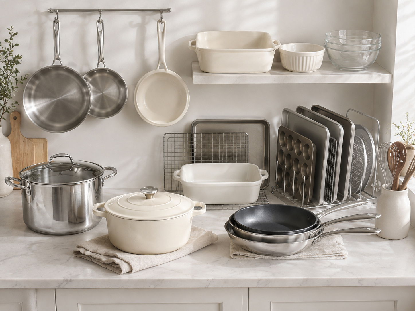 Kitchen cookware and bakeware problem solver with searing pan, stock pot, baking sheet, ceramic dish, cooling rack and pan organizer.