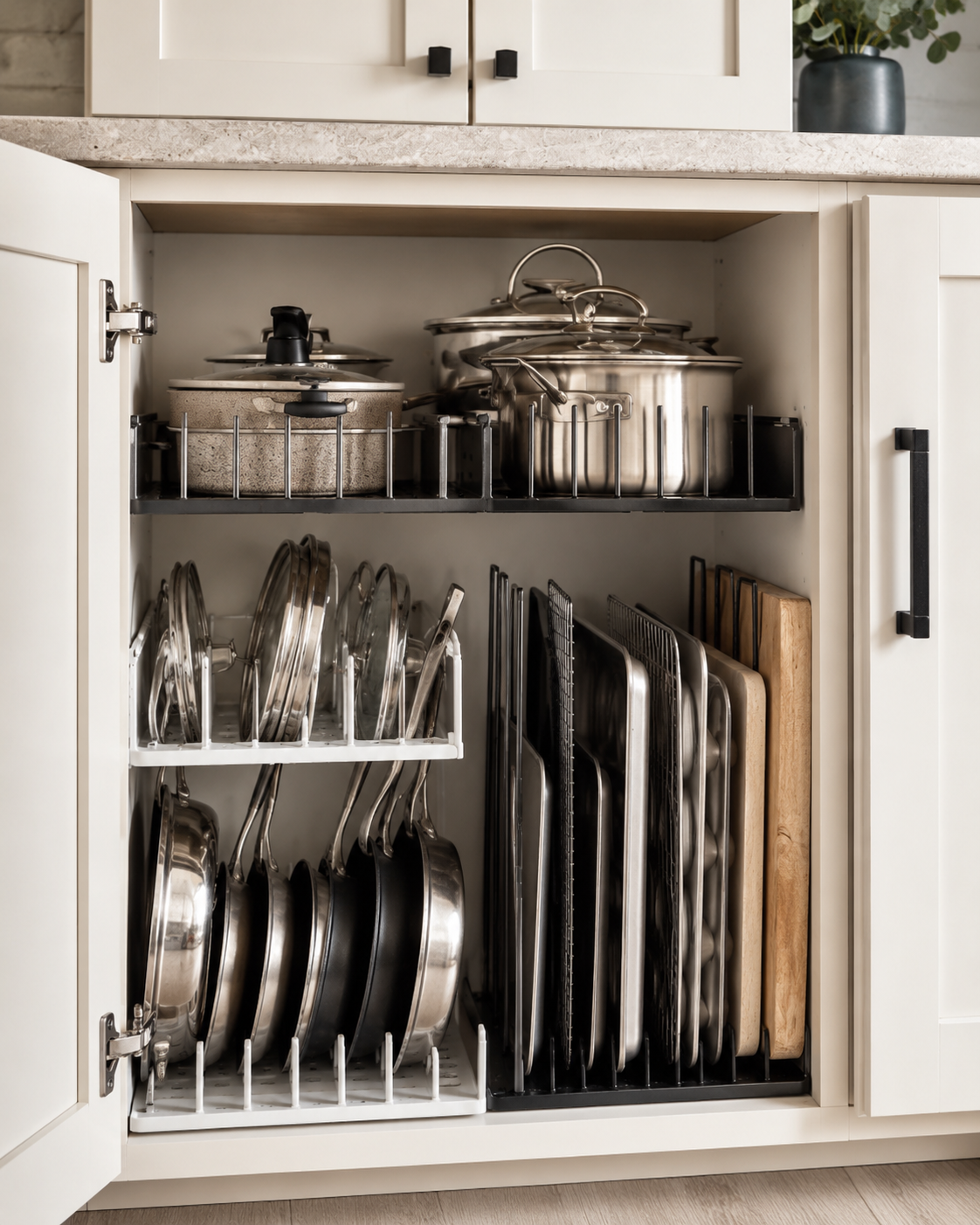 Kitchen cabinet with pots, pans, lids, baking sheets, and cutting boards organized vertically in cabinet racks.