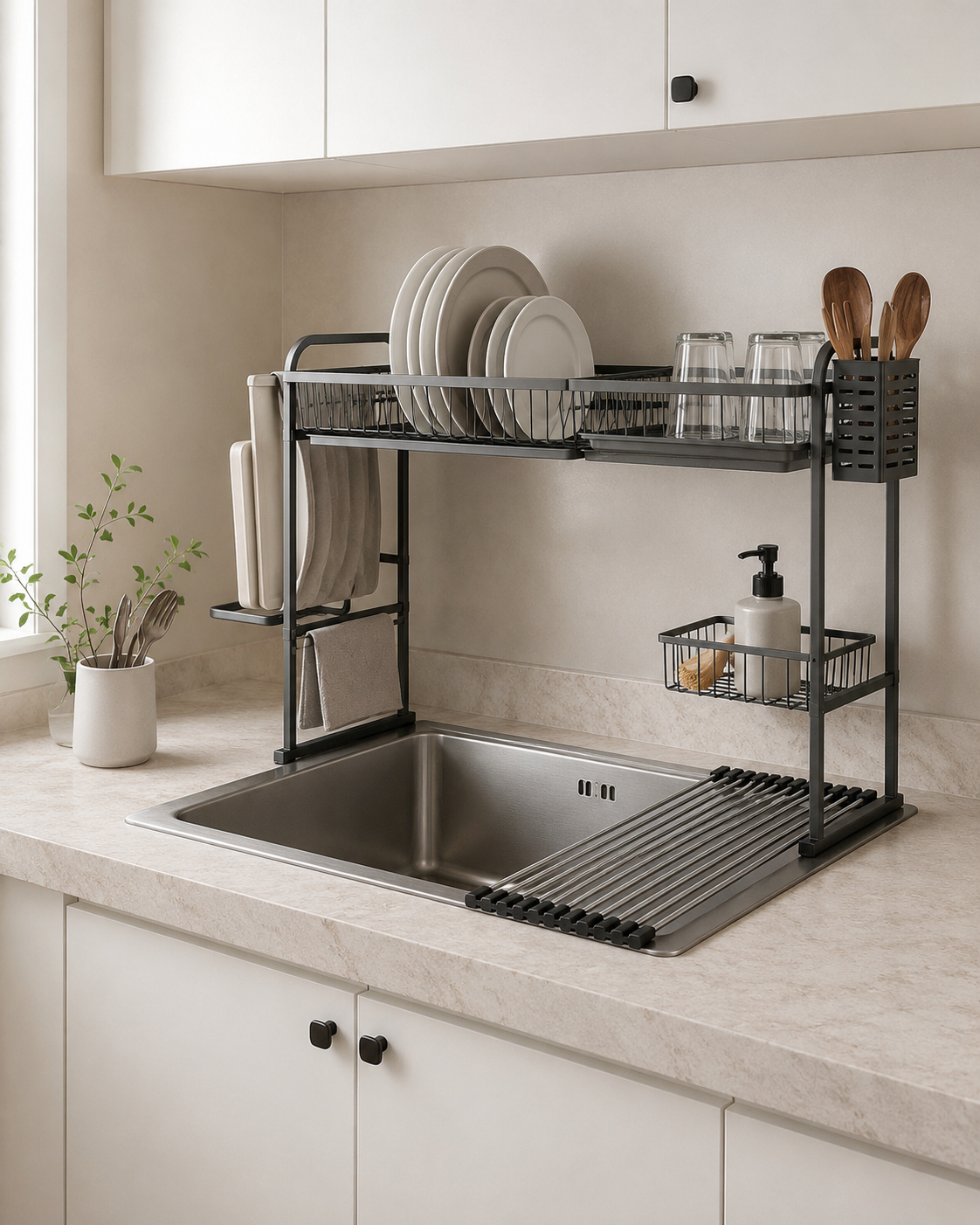 Small kitchen sink organization with over sink dish drying rack and roll up drying rack to save counter space