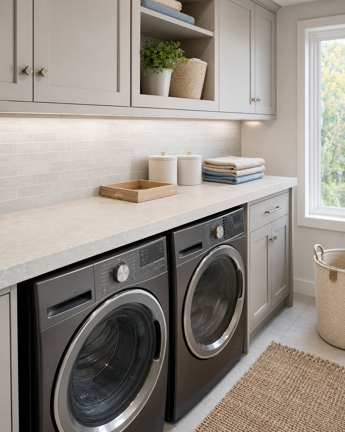 Uncluttered laundry countertop above front-loading appliances with trays, containers and folded towels