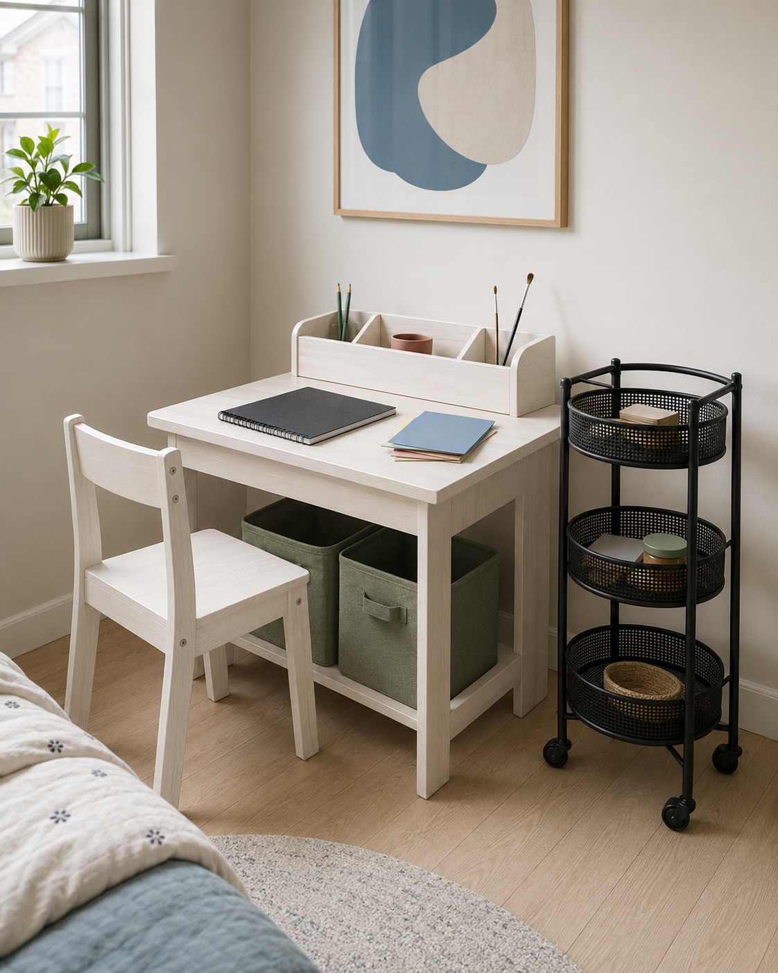 Pale wood creative desk with fabric storage bins and a black three-tier supply cart