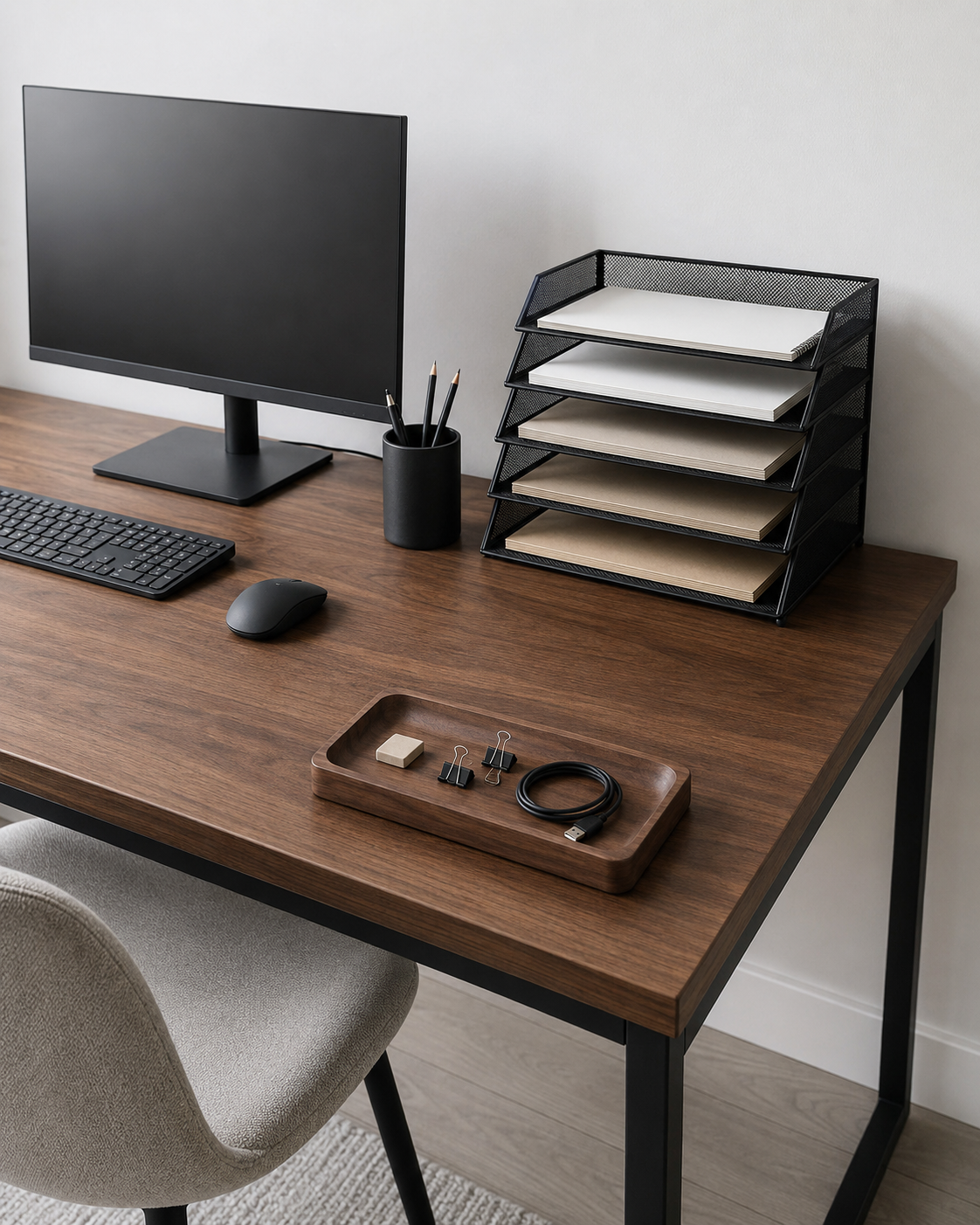 Creative walnut desk with a catchall tray, five-tier paper organizer, monitor and open central workspace.