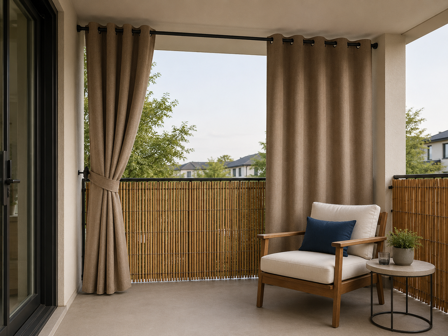 Sheltered balcony with light-brown grommet curtains, natural bamboo screening, a lounge chair and small side table.