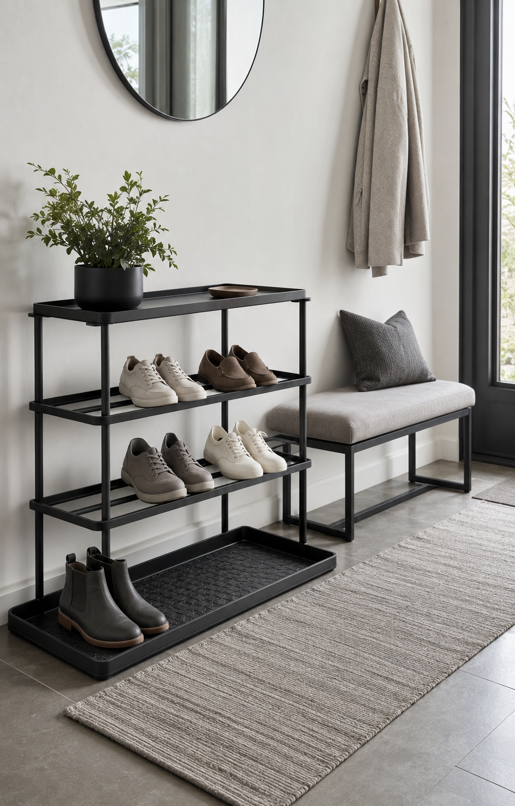 Black metal shoe rack, entryway bench and boot tray with neatly organized shoes