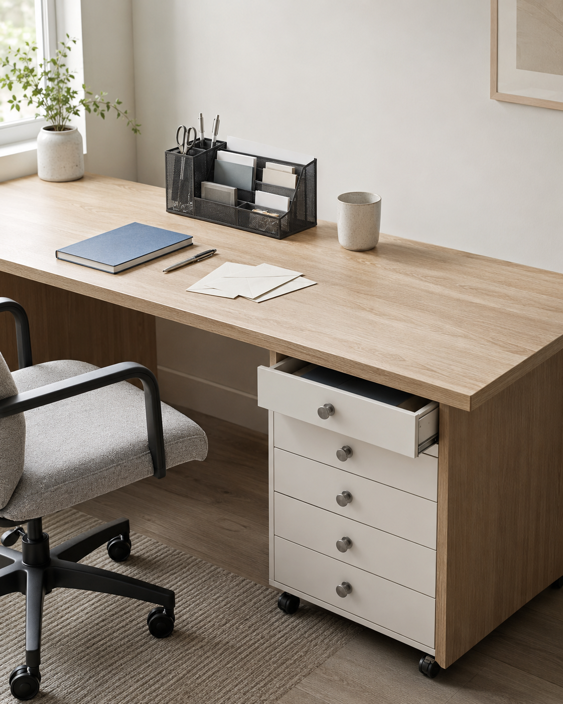White five-drawer mobile cabinet beneath an oak desk with a black mesh organizer holding everyday office supplies.
