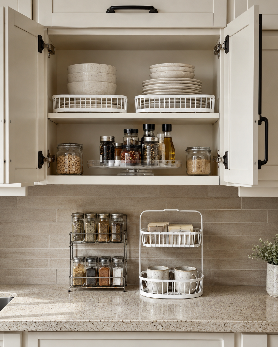 Upper kitchen cabinet with shelf risers, clear lazy Susan, spice rack, and under-shelf basket for daily cabinet storage.
