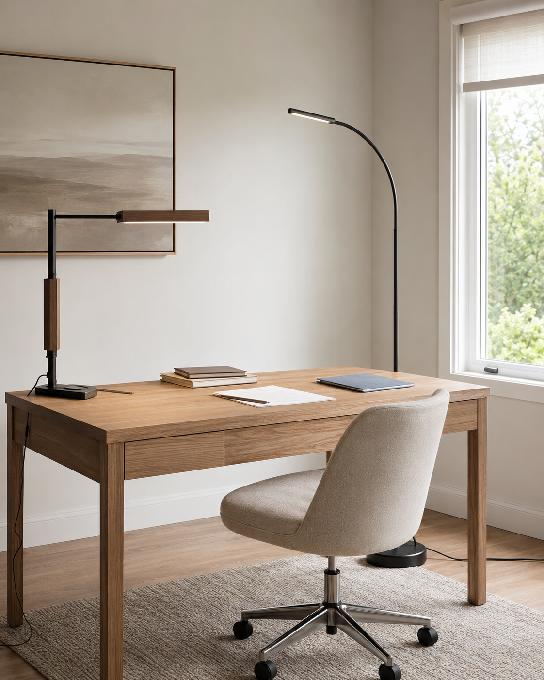 Bright oak home office with an adjustable desk lamp and slim floor lamp layered beside a daylight window.