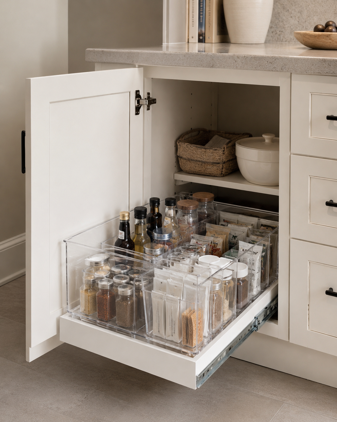 Lower kitchen cabinet with pull-out organizer and clear bins for deep cabinet storage.