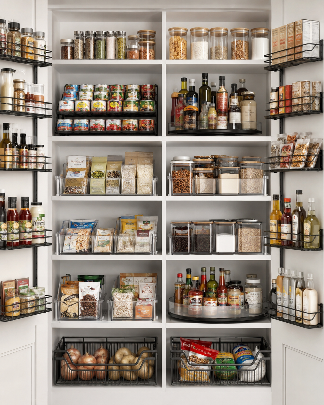 Deep pantry shelf organized with can rack, lazy Susan, shelf risers, clear bins, jars, sauces, and pantry staples